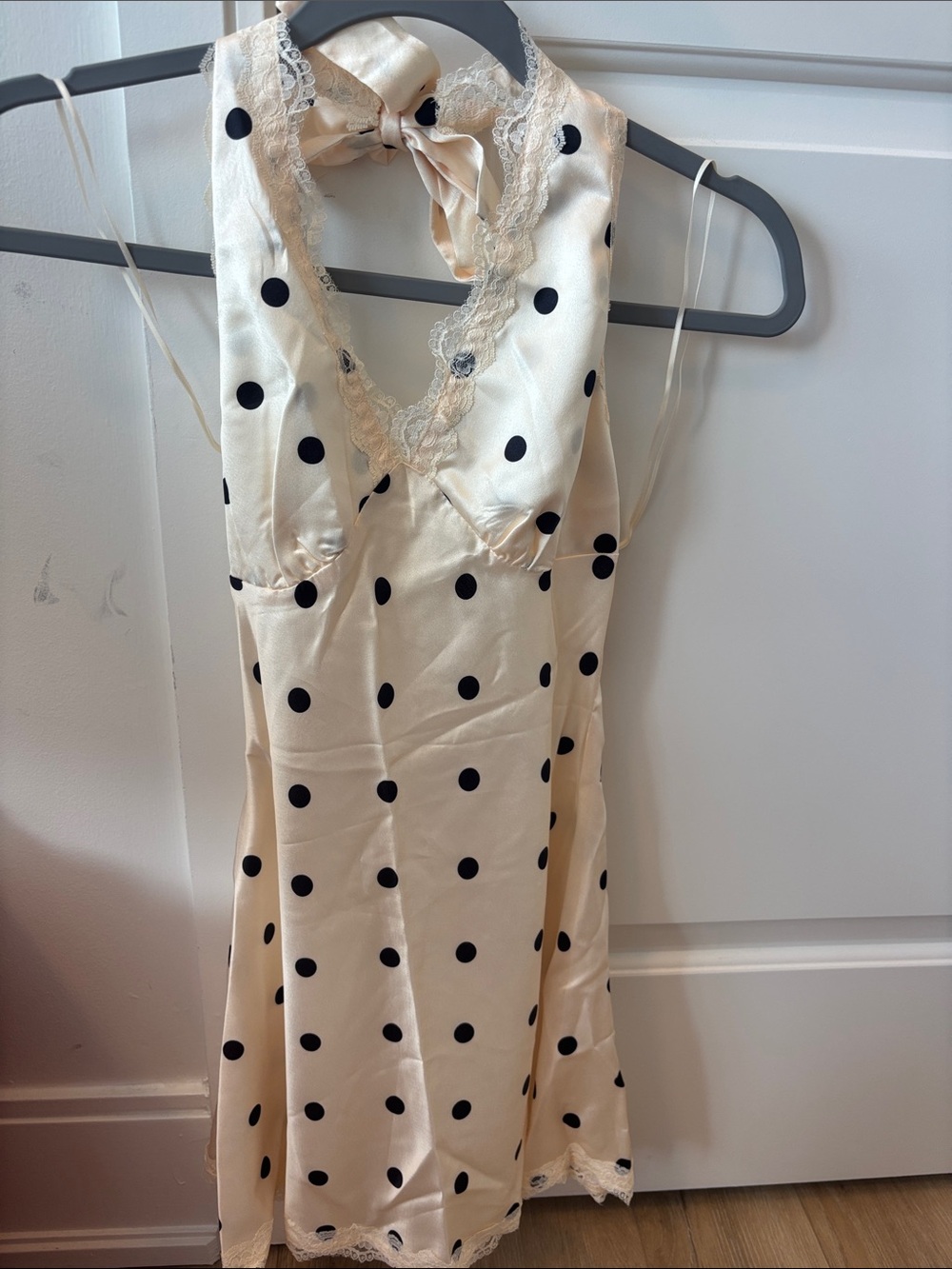 LIONESS Polka dot mini halter dress with lace detail